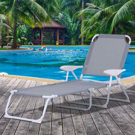 Outsunny Foldable Sun Lounger, Outdoor 4 Level Adjustable Backrest Reclining Lounge Chair with Armrests for Patio, Garden, Grey