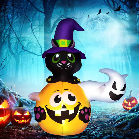 Outsunny 4.9FT Light-Up Pumpkin, Cat and Ghost Halloween Inflatable