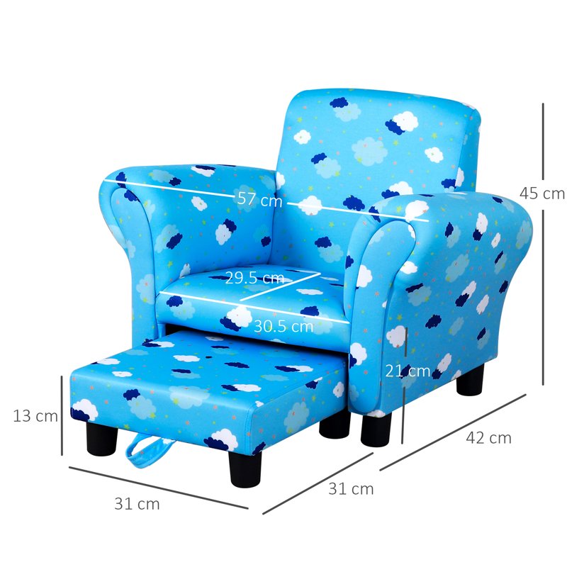 HOMCOM Toddler Chair Children's Armchairs Wood Frame w/ Footrest Anti-Slip Legs High Back Arms for Bedroom Playroom Cute Cloud Star Blue