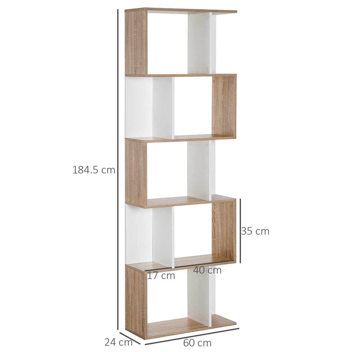 HOMCOM Bookcase, S-Shaped Wooden Bookshelf, 5/6 Tiers Freestanding Storage Shelf, Home Office Decorative Display Stand Rack, Oak and White, 24D x 60W x 184.5H