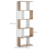 HOMCOM Bookcase, S-Shaped Wooden Bookshelf, 5/6 Tiers Freestanding Storage Shelf, Home Office Decorative Display Stand Rack, Oak and White, 24D x 60W x 184.5H