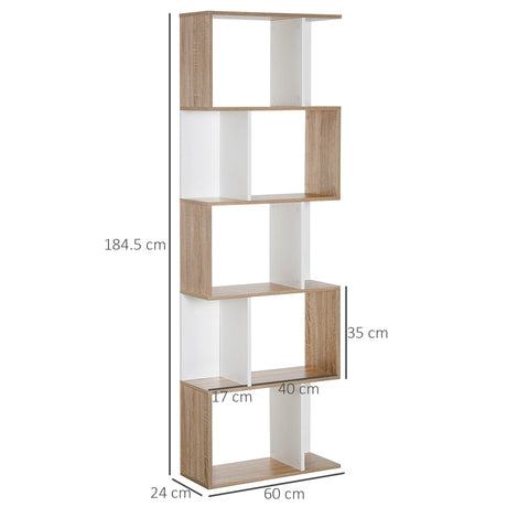 HOMCOM Bookcase, S-Shaped Wooden Bookshelf, 5/6 Tiers Freestanding Storage Shelf, Home Office Decorative Display Stand Rack, Oak and White, 24D x 60W x 184.5H