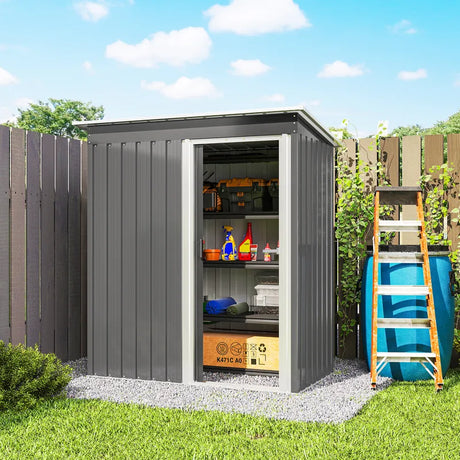 Outsunny 5 x 3ft Garden Storage Shed with Sliding Door and Sloped Roof Outdoor Equipment Tool, Light Grey