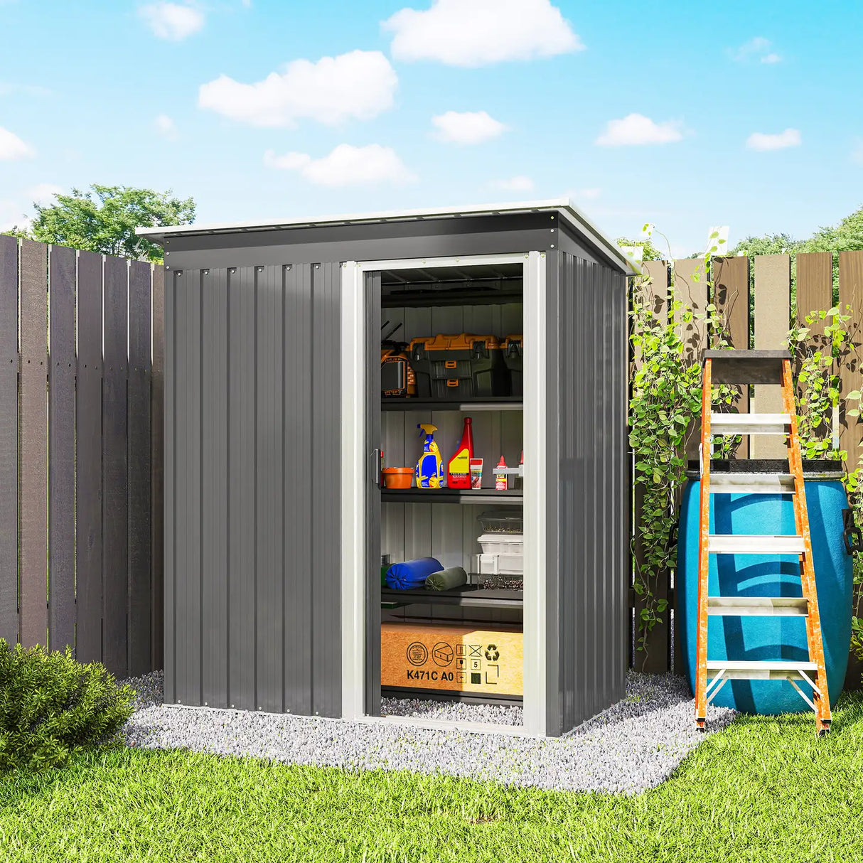 Outsunny 5x3 Storage Shed with Sliding Door and Sloped Roof for Garden, Light Grey