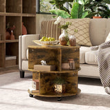 HOMCOM Round Coffee Table with Wheels, 3-Tier Rolling Side Table for Living Room with Divided Shelves, Rustic Brown