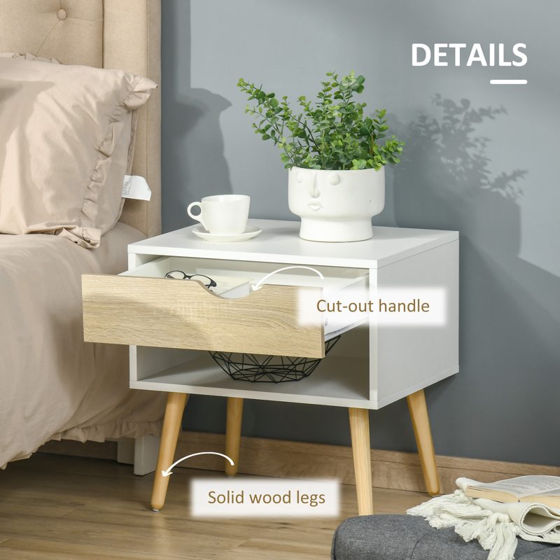 HOMCOM Set of 2 Bedside Table with Drawer and Shelf