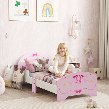 AIYAPLAY Ballet Theme Toddler Bed Frame with Safety Rails for 3-6 Years, Pink