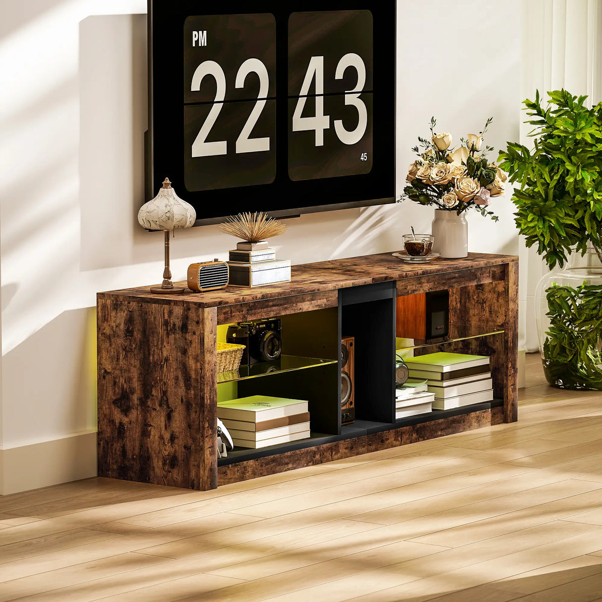 HOMCOM TV Stand Cabinet with LED Lights and Remote Control for TVs up to 65", Entertainment Centre with Storage Shelves and Compartment, Rustic Brown