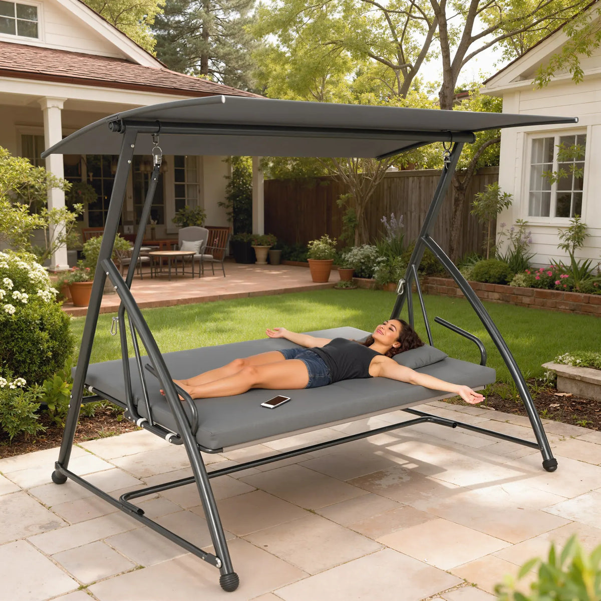 Outsunny Outdoor 2-in-1 Swing Chair Lounger 3 Seater Garden Swing Seat Bed Convertible Tilt Canopy W/ Cushion, Dark Grey