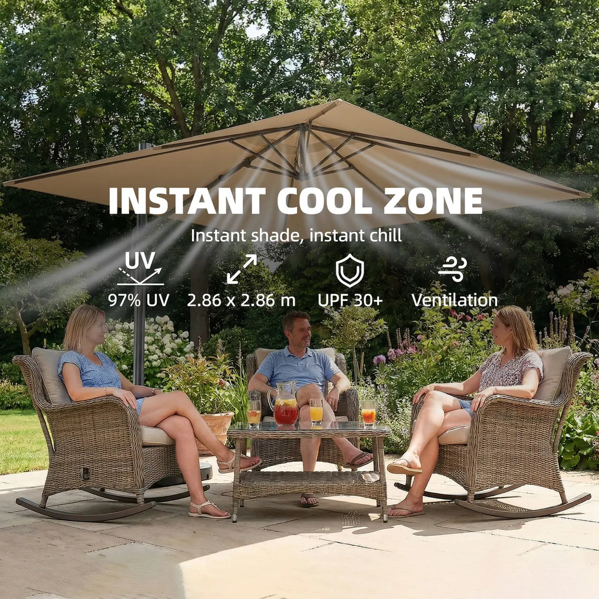 Outsunny 3 x 3 m Garden Cantilever Parasol with Light, Cover, Overhanging Umbrella w/ Wind Protection, 360 Rotation, Khaki