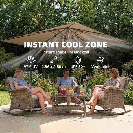 Outsunny 3 x 3 m Garden Cantilever Parasol with Light, Cover, Overhanging Umbrella w/ Wind Protection, 360 Rotation, Khaki