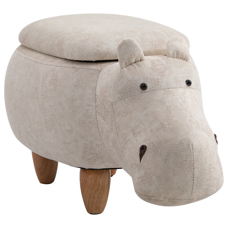 HOMCOM Hippo Storage Stool Cute Decoration Footrest Wood Frame Legs with Padding Lid Ottoman Animal Furniture Cream 36 x 65cm