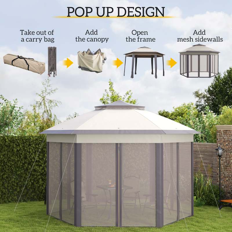 Outsunny 3 x 4m Garden Gazebo Hexagon Pop Up Party Tent Canopy Double Roof Instant Shelter with Netting and Carry Bag for Outdoor Patio, Beige