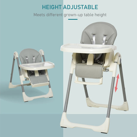 HOMCOM Foldable Baby High Chair Convertible Feeding Chair Height Adjustable with Adjustable Backrest Footrest and Removable Tray 5 Point Safety Harness for Kids 6 - 36 Months Grey