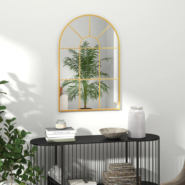 HOMCOM 90 X 61cm Arched Grid Mirror - Gold Tone