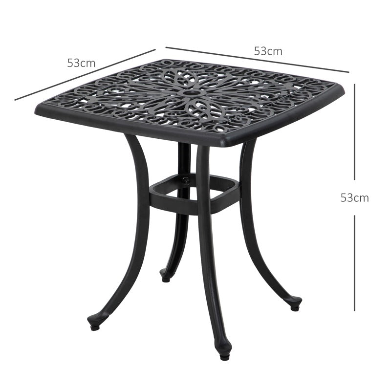 Outsunny Cast Aluminium Bistro Table, Outdoor Square Side Table with Umbrella Hole, Garden Table for Balcony, Black