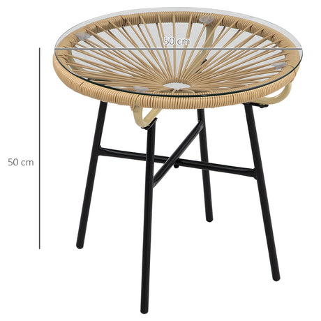 Outsunny Rattan Side Table, Round Outdoor Coffee Table, with Round PE Rattan and Tempered Glass Tabletop for Patio, Garden, Balcony, Beige