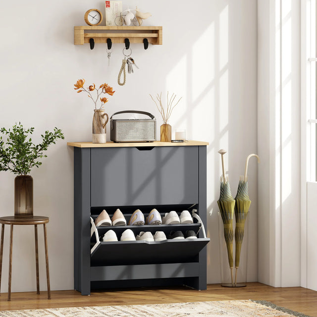 HOMCOM Slim Shoe Cabinet, Narrow Shoe Cupboard with 2 Flip Drawers, Adjustable Shelves for 12 Pairs of Shoes, Charcoal Grey