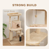 PawHut 132cm Cat Tree w/ Scratching Posts, Pad, Cat Bed, Cat House, Jumping Platform, Grooming Brush, Anti-Tip Kit, Beige