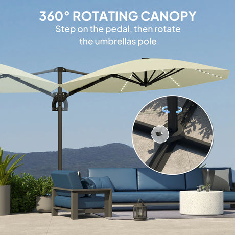 Outsunny 3(m) Cantilever Garden Parasol with Solar Powered Lights, Crank Handle & Cross Base, UPF 50+, 360 Rotation, Cream