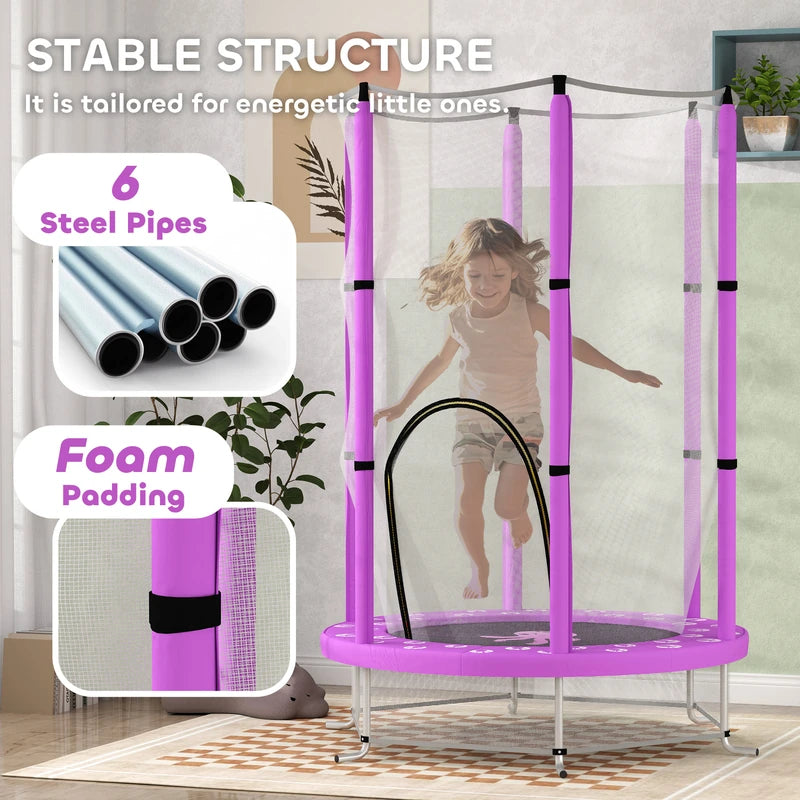 AIYAPLAY 4.6FT Toddler Trampoline w/ Safety Enclosure Net, for Indoor Outdoor Use, Ages 3-6 Years, Octopus Pattern - Purple