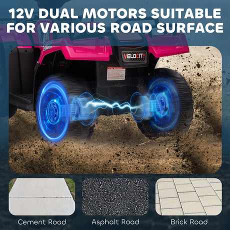 HOMCOM 12V Kids Quad Bike with Forward, Reverse Functions, Ride-On ATV w/ Music, LED, Headlights, for Ages 3-5 Years - Pink