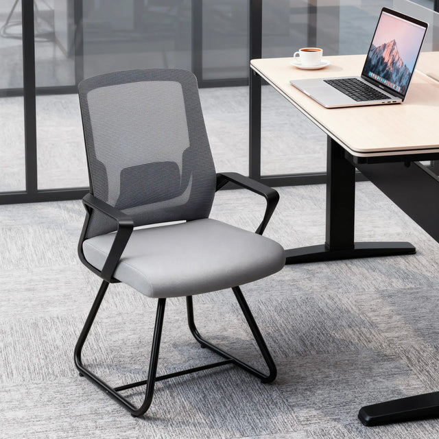 HOMCOM Desk Chair No Wheels, Office Chair with Mesh Back, Lumbar Support, Metal Base for Waiting Room, Conference Room, Dark Grey