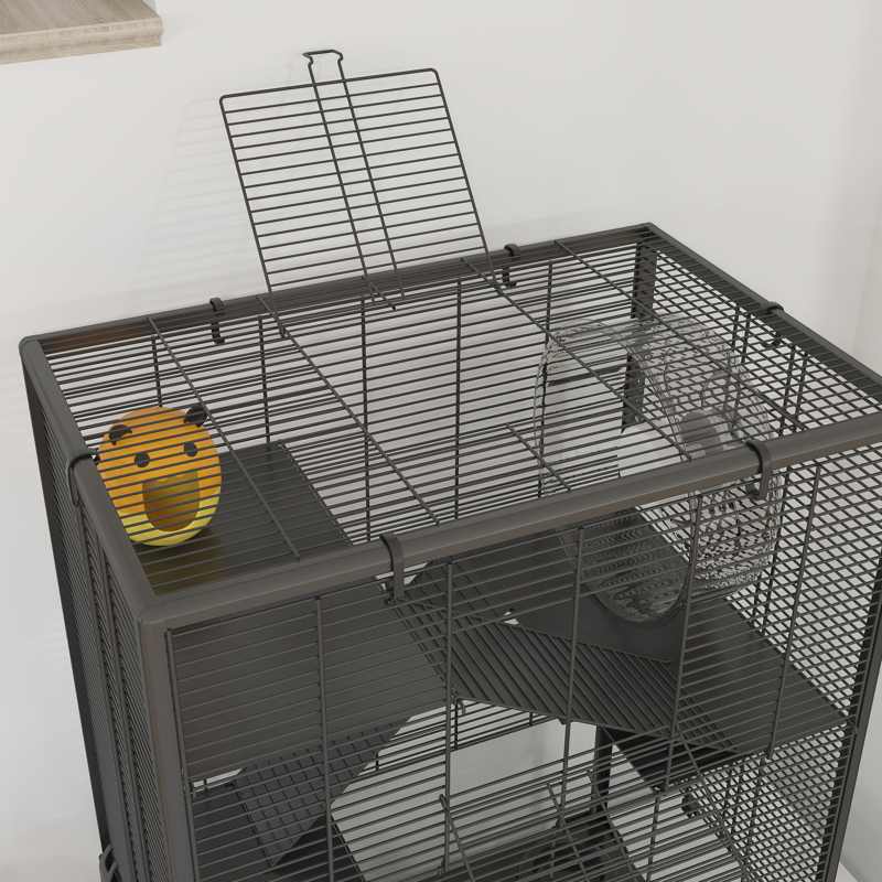 PawHut 4 Tiers Hamster Cage with Deep Tempered Glass Bottom, Hut, Running Wheel, Food Dish, Water Bottle, 60 x 40 x 80cm