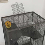 PawHut 4 Tiers Hamster Cage with Deep Tempered Glass Bottom, Hut, Running Wheel, Food Dish, Water Bottle, 60 x 40 x 80cm