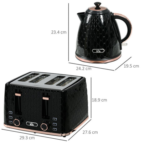 HOMCOM 1.7L 3000W Fast Boil Kettle & 4 Slice Toaster Set, Kettle and Toaster Set with 7 Browning Controls, Crumb Tray, Black