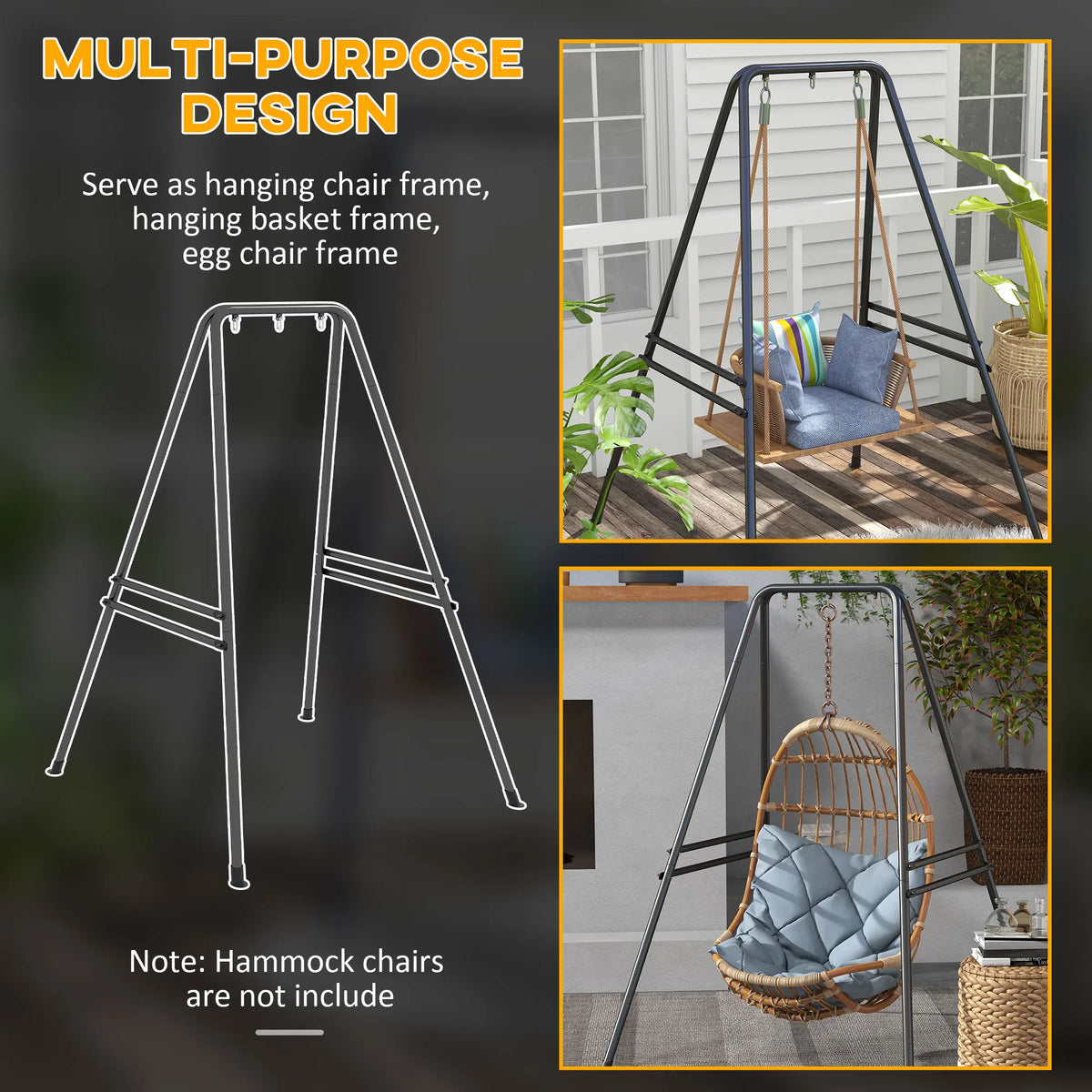 Outsunny Hammock Chair Stand, Hanging Heavy Duty Metal Frame Hammock Stand for Hanging Hammock Air Porch Swing Chair, Egg Chair, Black