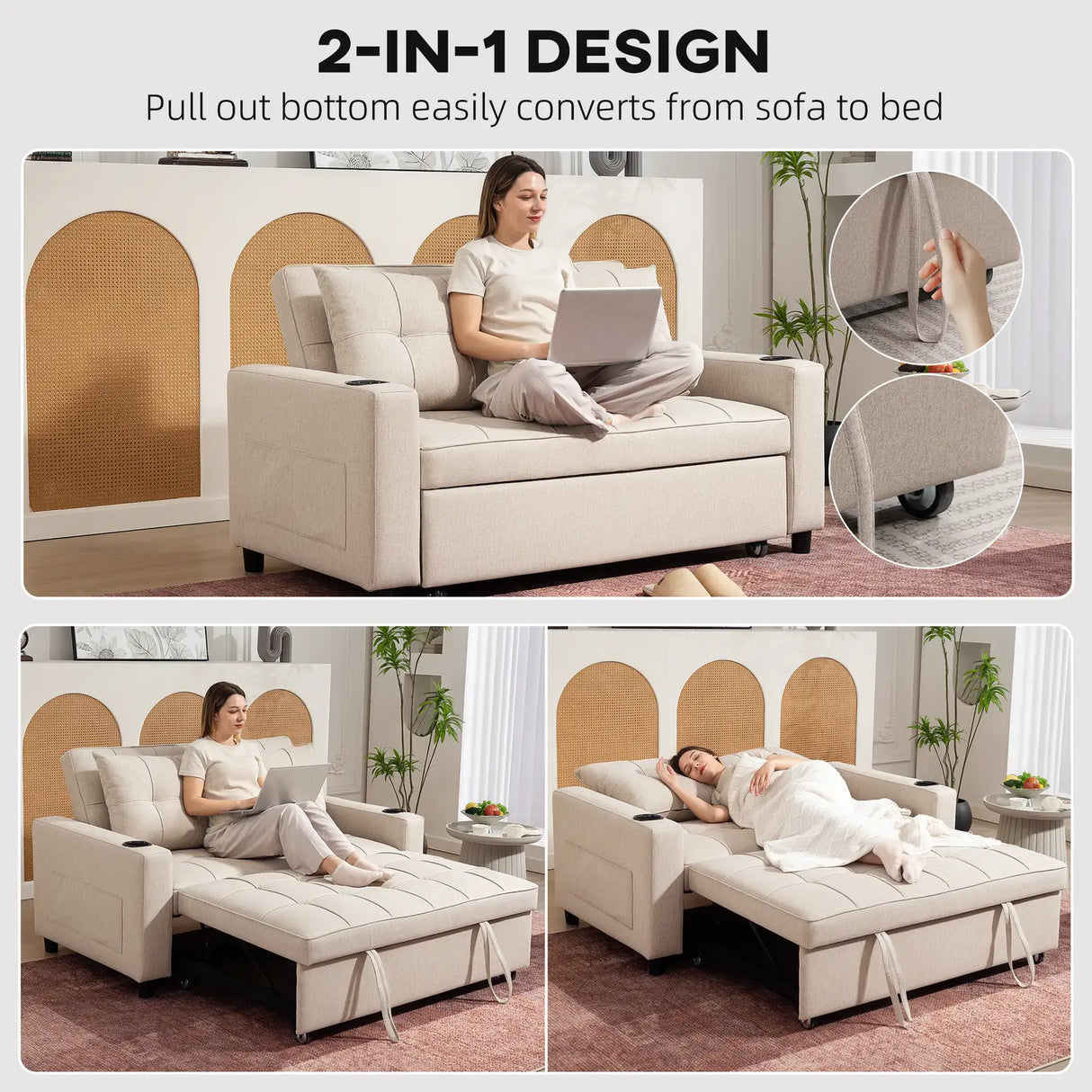 HOMCOM Two-Seater Pull-Out Sofa Bed - Beige