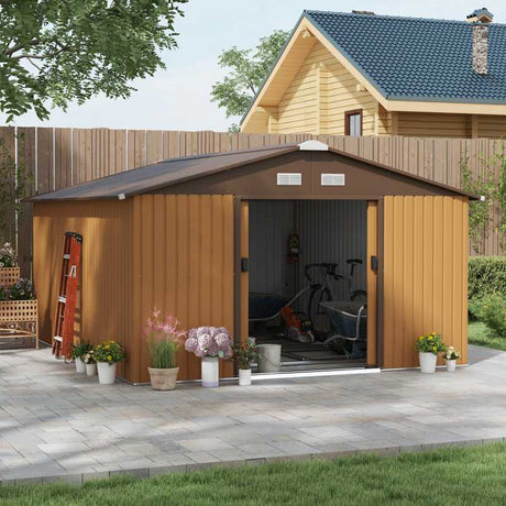 Outsunny 13 x 11ft Metal Garden Shed, Outdoor Storage Tool House with Ventilation Slots, Foundation Kit and Lockable Double Doors, Yellow