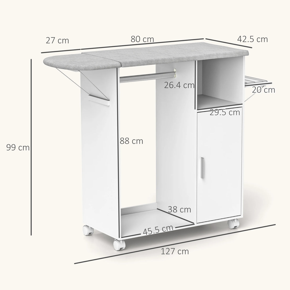HOMCOM Rolling Ironing Board Cabinet, Foldable Ironing Station with Storage, Wheels for Home, Laundry Room, White