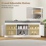 HOMCOM Boho Shoe Storage Bench with Padded Cushion and Rattan Doors - White