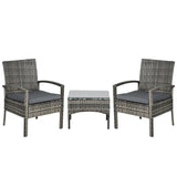 Outsunny 3 Pieces Rattan Bistro Set, Wicker Garden Furniture Set with Glass Top Coffee Table and Chairs, Washable Cushions for Outdoor, Patio, Balcony, Mixed Grey