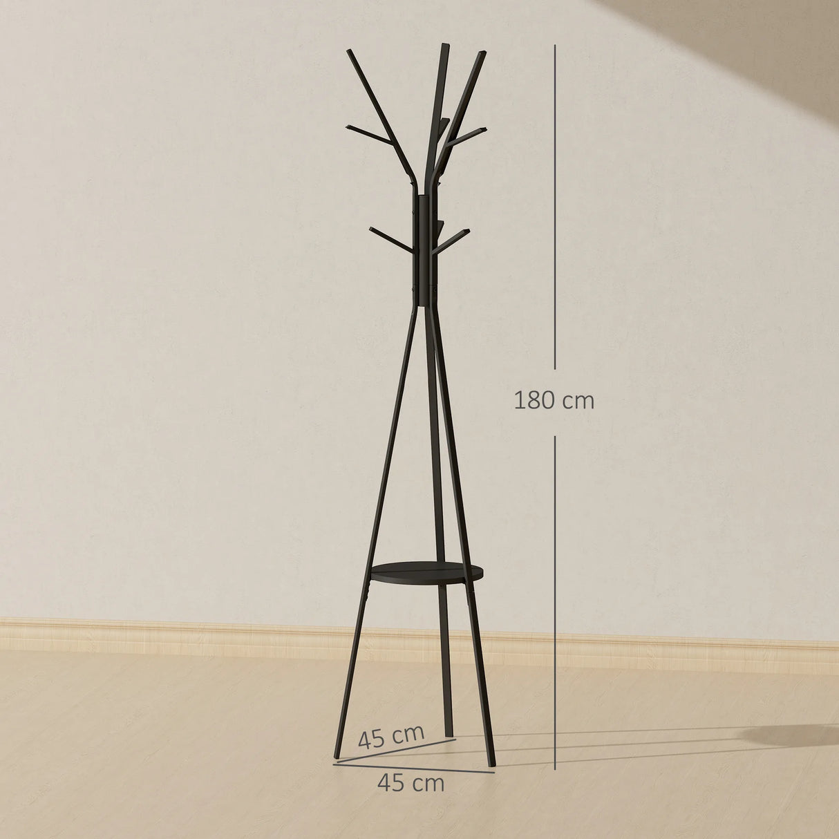 HOMCOM Freestanding Metal Coat Rack Stand 9 Hooks Clothes Tree with 1 Shelf Hat Display Hall Tree Hanger Bag Umbrella Hanging Organiser Black