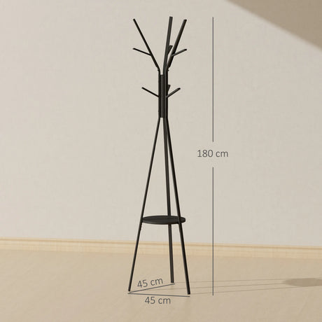 HOMCOM Freestanding Metal Coat Rack Stand 9 Hooks Clothes Tree with 1 Shelf Hat Display Hall Tree Hanger Bag Umbrella Hanging Organiser Black