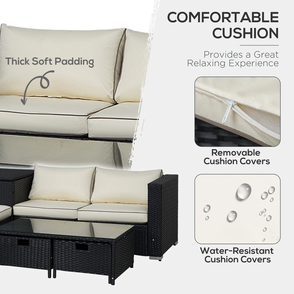Outsunny 4 Pieces Rattan Garden Furniture Set, 4 Seater Corner Sofa Set with Storage Box, 2 Drawers Coffee Table, Loveseats with Cushions, Wicker Garden Conservatory Furniture for Balcony, Black
