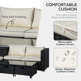 Outsunny 4 Pieces Rattan Garden Furniture Set, 4 Seater Corner Sofa Set with Storage Box, 2 Drawers Coffee Table, Loveseats with Cushions, Wicker Garden Conservatory Furniture for Balcony, Black