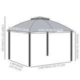 Outsunny 3.7 x 3(m) Metal Gazebo Canopy Party Tent Garden Patio Shelter with Netting Sidewalls & Double Tiered Roof, Grey