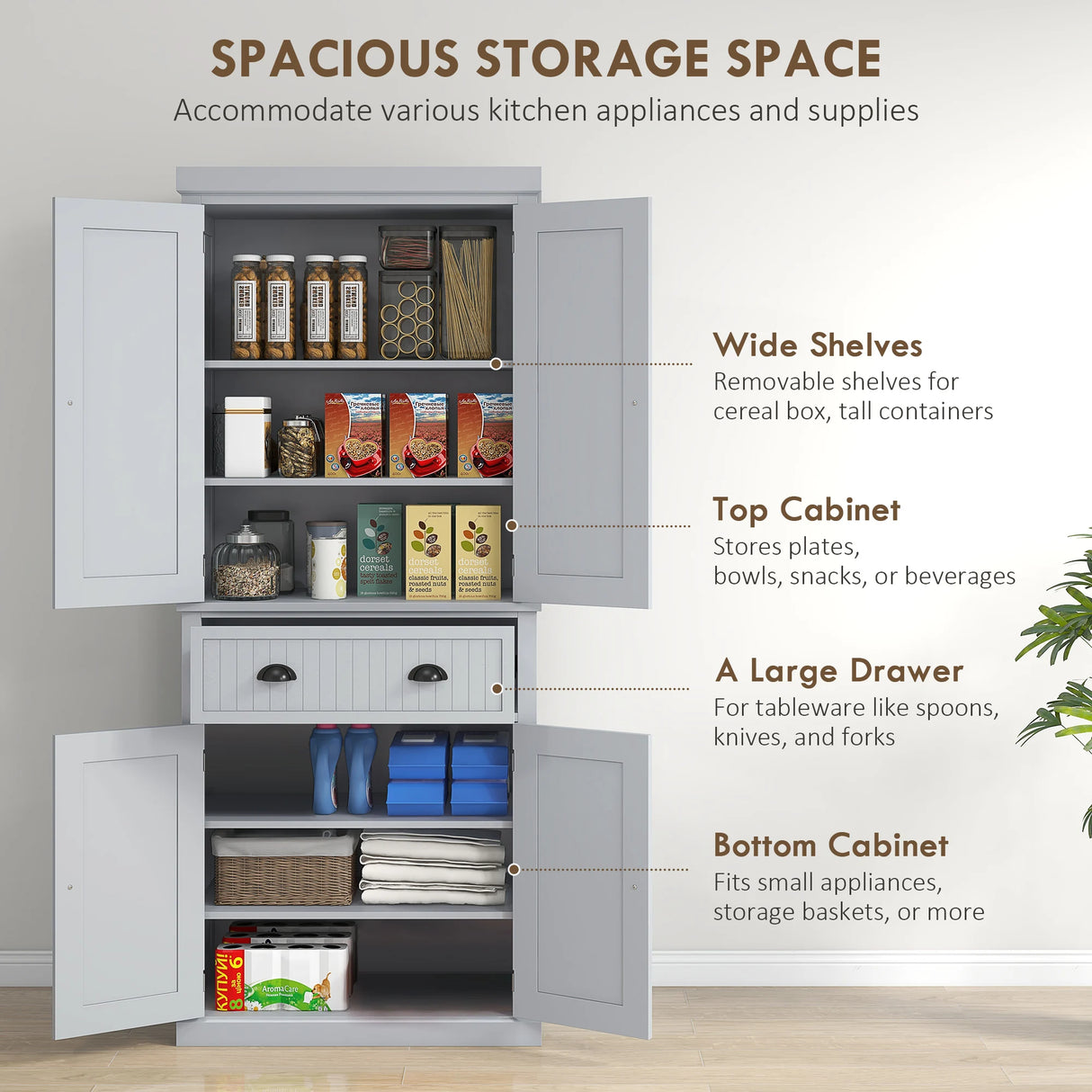 HOMCOM Multi-Storage Mid-Century Kitchen Cabinet - Grey