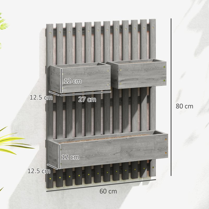 Outsunny Wall-mounted Wooden Garden Planters with Trellis, Drainage Holes and 3 Planter Boxes for Patio, Grey