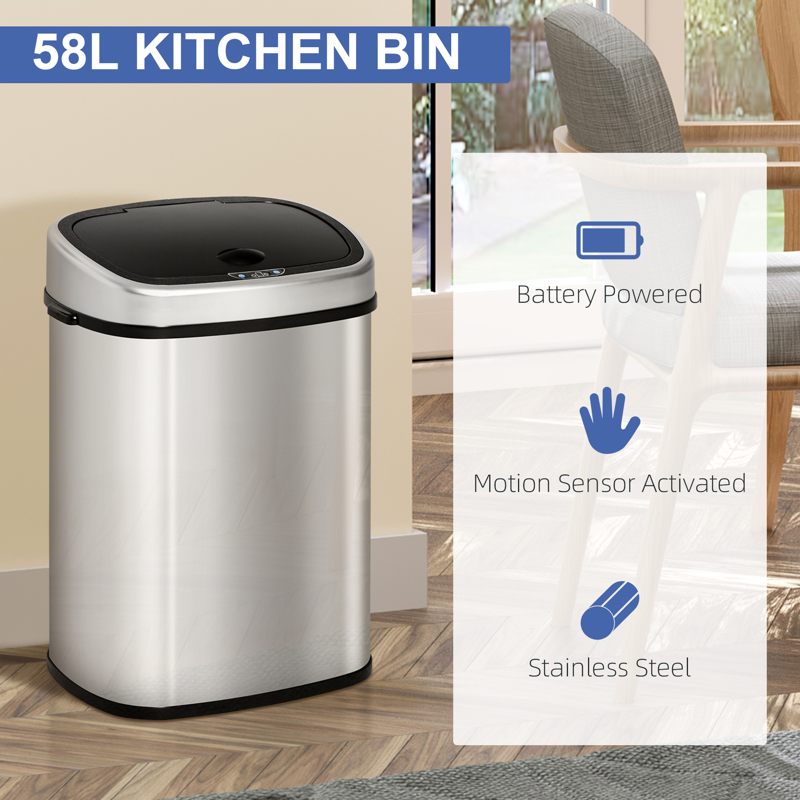 HOMCOM Stainless Steel Kitchen Sensor Dustbin Automatic Touchless Rubbish Garbage Waste Bin 58L Silver