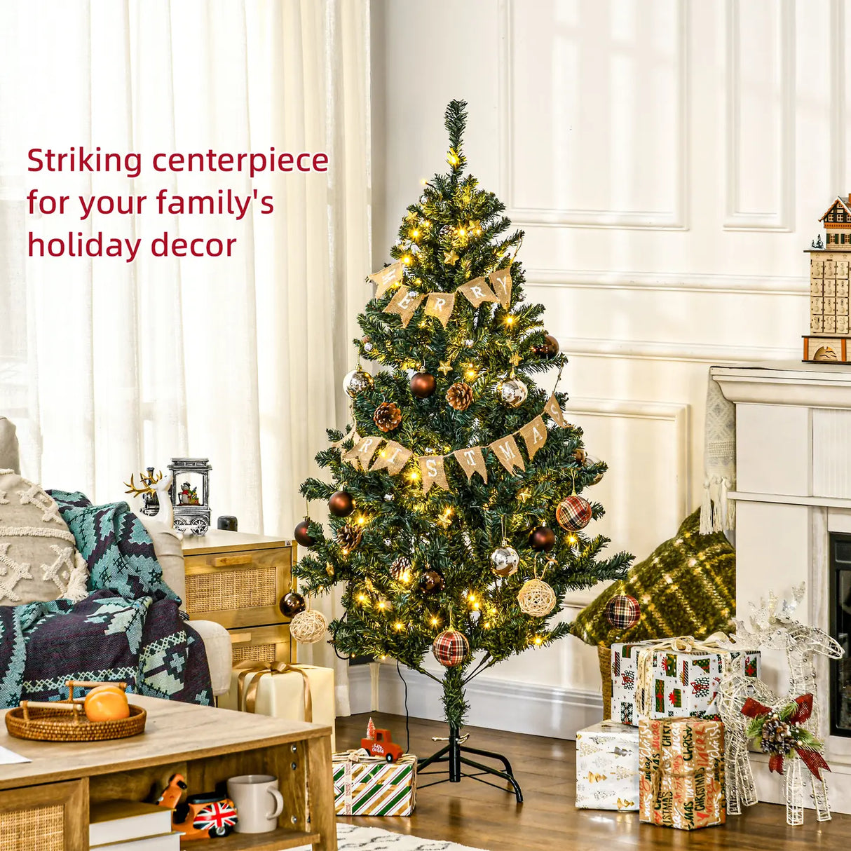 HOMCOM 5' Artificial Prelit Christmas Trees Holiday Dcor with Warm White LED Lights, Decoration, Banner, Tag, Ball