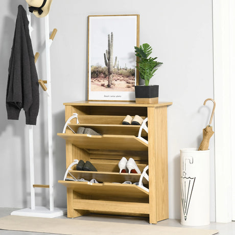 HOMCOM Narrow Shoe Cabinet, Space Saving Shoe Storage Cabinet with 2 Flip Drawers and Adjustable Shelves for 6-12 Pairs of Shoes for Hallways and Living Room, Natural Wood Finish