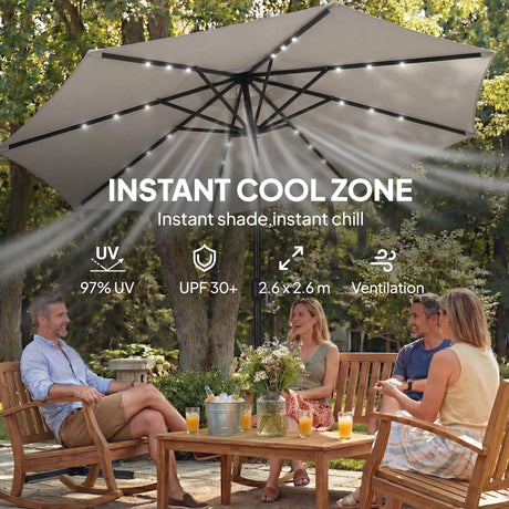 Outsunny 2.6 m Garden Parasol Umbrella with LED Solar Light, Parasol Cover, Outdoor Market Patio Umbrella, Light Grey