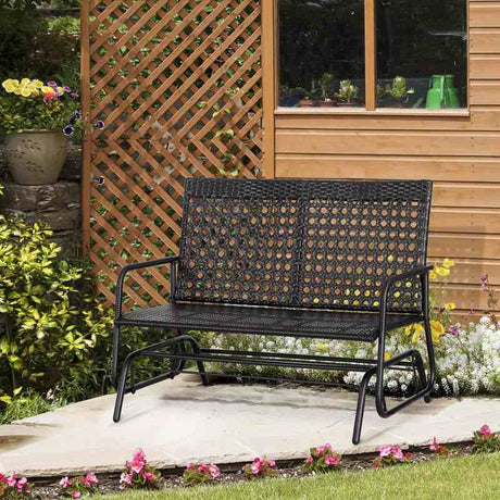 Outsunny 2 Seater PE Rattan Glider Bench, Outdoor Loveseat Chair with Steel Frame, Porch Rocking Glider for 2 Person with Armchair, High Back, Black