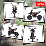 AIYAPLAY 12V Aprilia Licensed Kids Motorbike with Training Wheels, Spring Suspension, LED Headlight, USB, Music, Red/Black