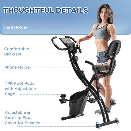 HOMCOM 2-in-1 Folding Exercise Bike with 8-Level Magnetic Resistance, Arm Resistance Band, Pulse Sensor, Black